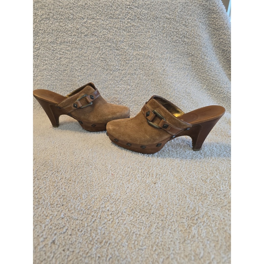 Cole Haan 8.5 B Shoes Honey Amber Suede Mule Clog Heel Platform Rivets Buckle